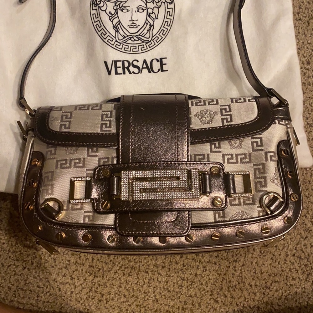 Vintage Versace silk and gold baguette bag with embellished gold hardware